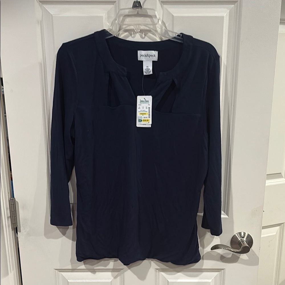 PXL Navy peck & peck top with decorative neckline - NWT